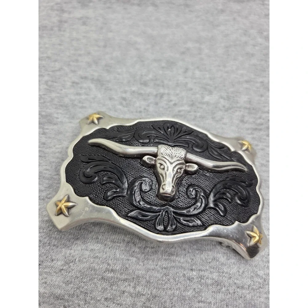 Black Tooled Leather Longhorn Steer Western Belt Buckle